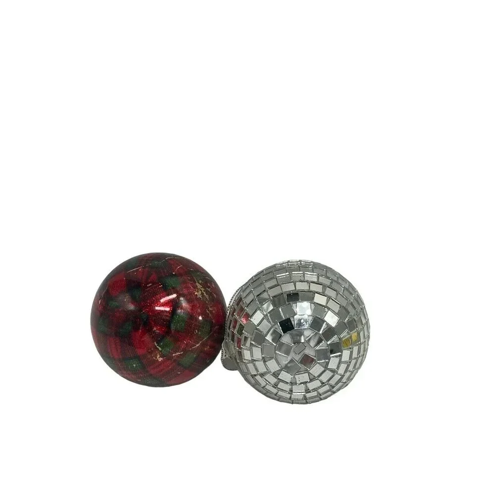 2 Hanging Silver Disco Ball Mirror and Plaid Ball Christmas Tree Ornament